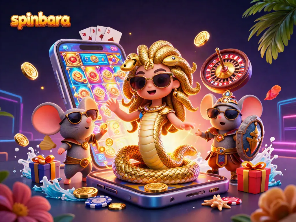 Experience spinbara excitement with cute Medusa and a warrior mouse amidst vibrant casino elements.