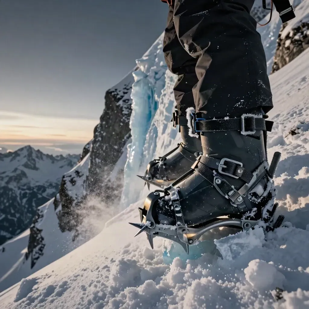 Crampones en una bota rígida sobre una arista nevada con hielo roto y escarcha