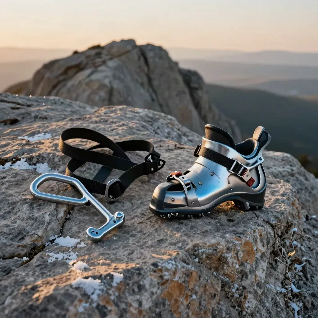 Kit de alpinismo con crampones de aluminio, correas negras y puntas de repuesto sobre roca seca.