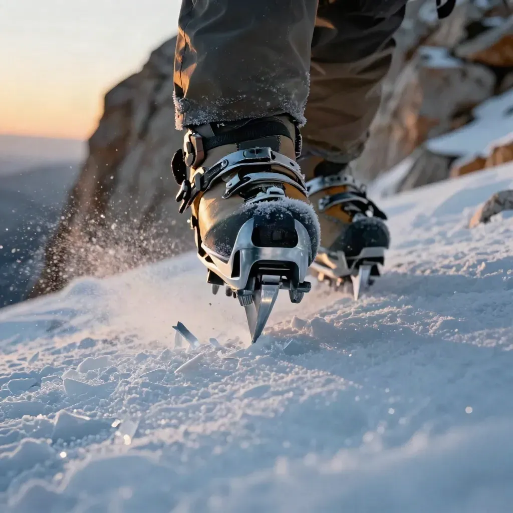 Bota de alpinismo con puntas frontales de acero mordiendo hielo duro al atardecer.