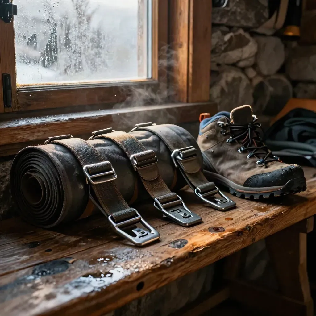 Correas de repuesto y una bota de trekking sobre un banco de madera en un refugio de piedra.