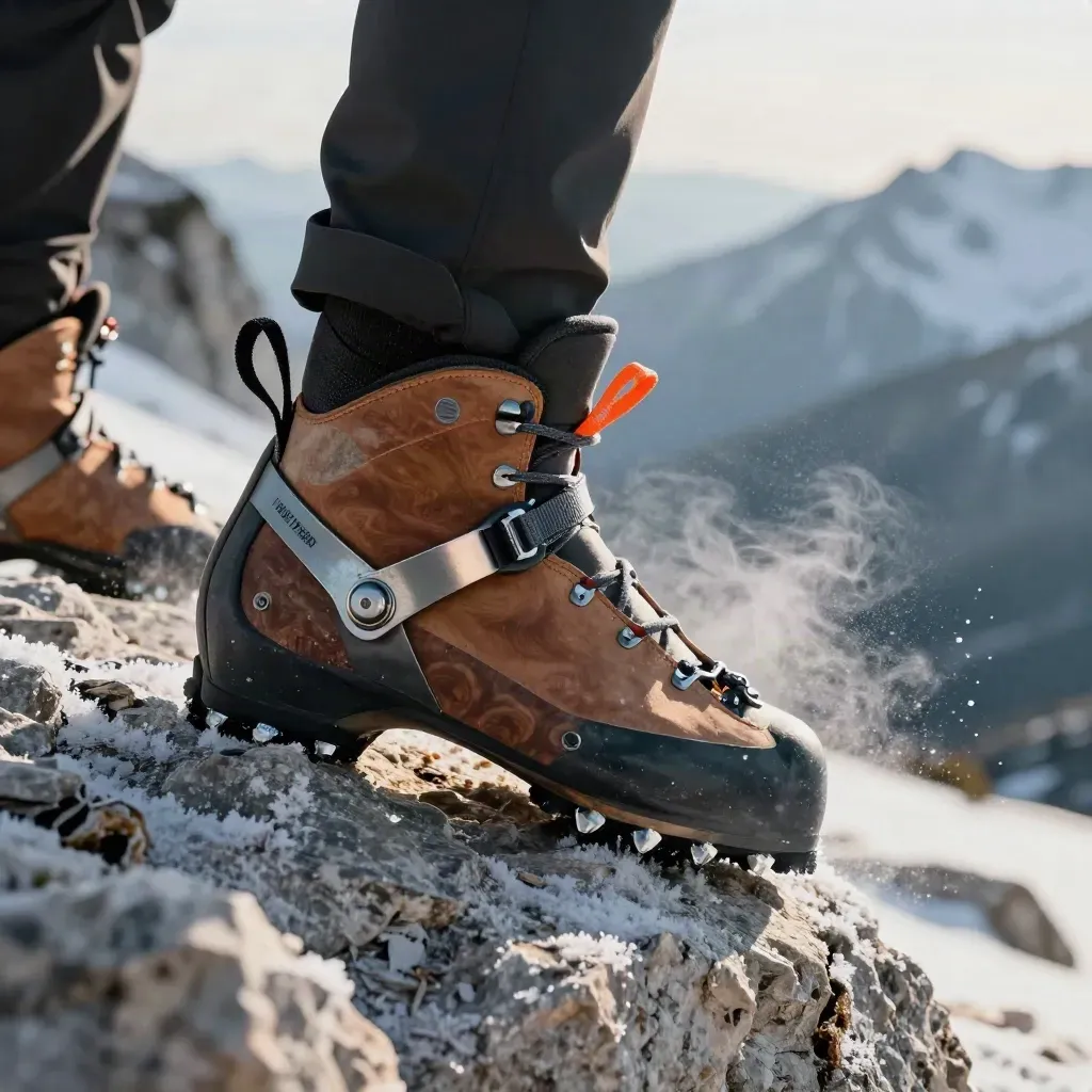 Bota rígida con crampon automático encajando sobre roca fría y nieve fina.