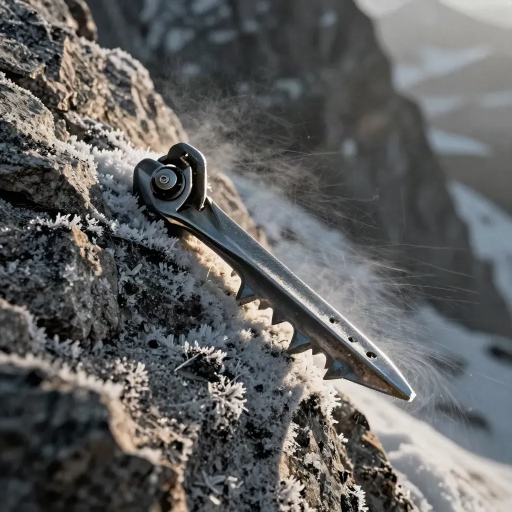 Primer plano extremo de crampones de acero sobre hielo duro y roca negra, con cristales al viento.