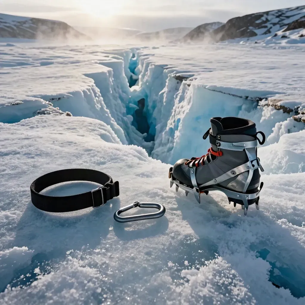 Equipo de glaciar junto a una grieta azul con crampones, correa, mosquetón y bota rígida al amanecer.