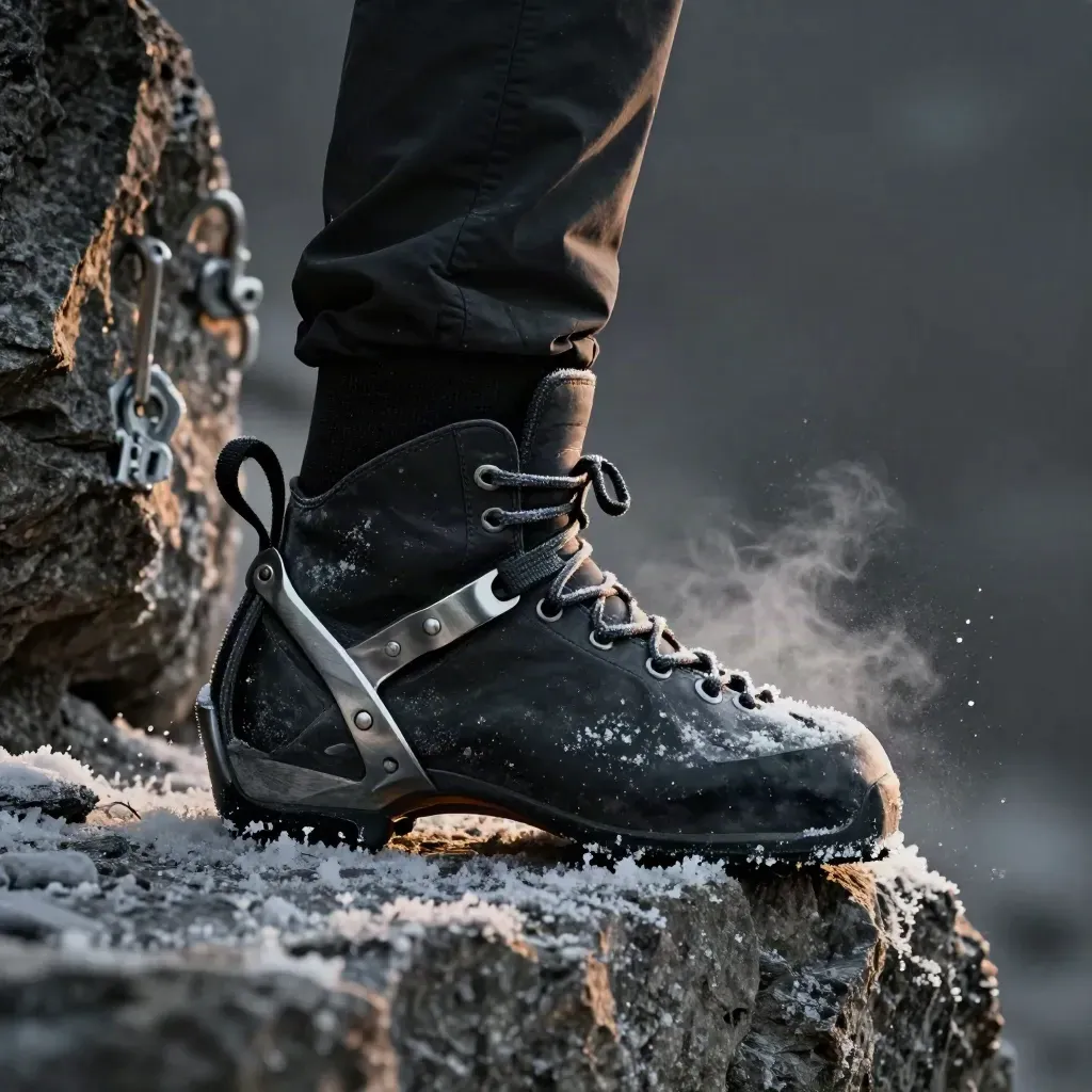 Bota rígida negra con crampon ajustado sobre roca, con hielo suspendido y luz lateral.