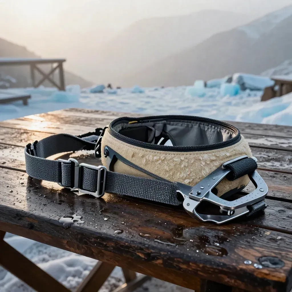 Correas y hebillas de repuesto junto a un crampon sobre mesa de madera mojada en niebla.