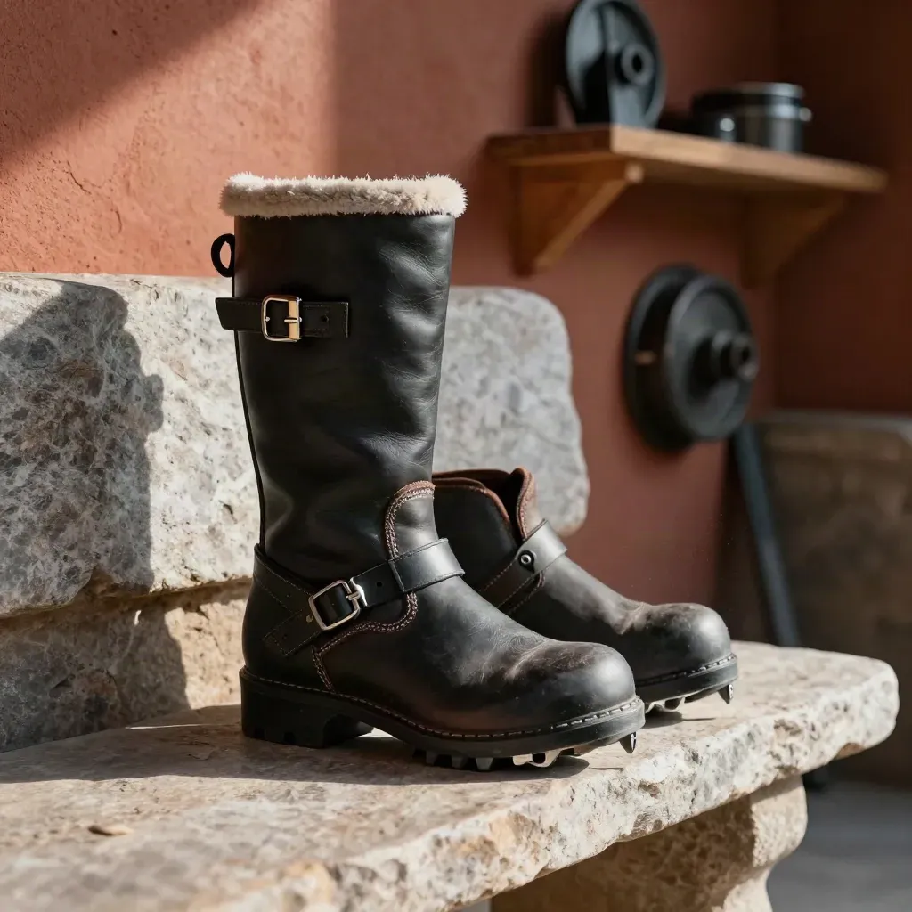 Botas rígida y semirrígida con base de crampon sobre banco de piedra en un refugio alpino