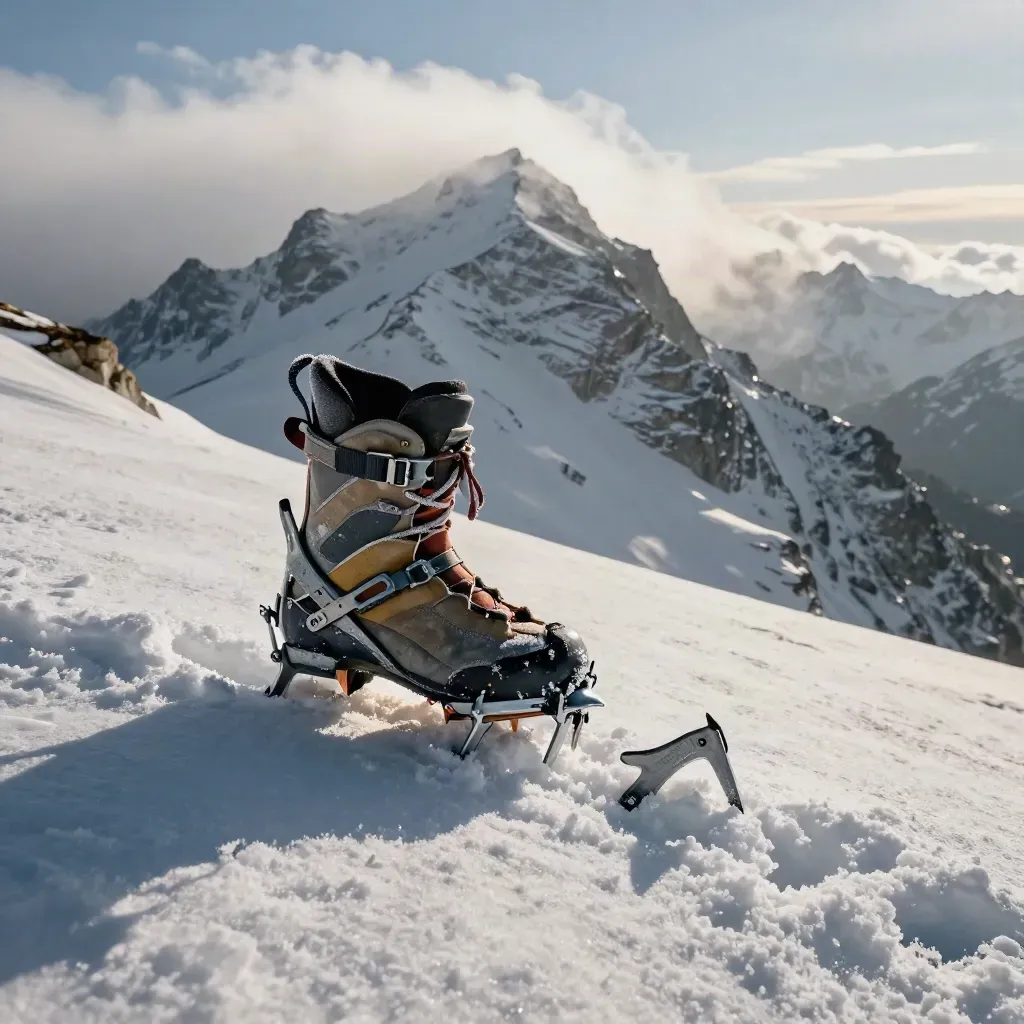 Crampones y bota rígida sobre nieve ventada en un collado pirenaico, con montañas al fondo.