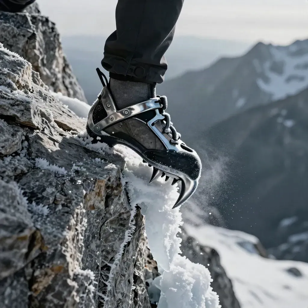 Punta frontal de crampon de acero clavada en hielo y roca, con escarcha y sombra profunda.