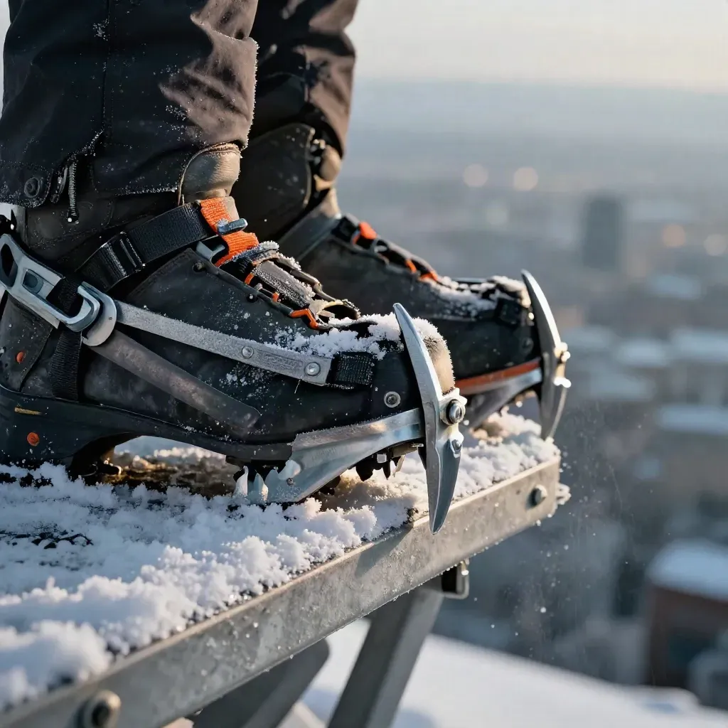 Botas rígidas, crampones y repuestos sobre plataforma nevada con fondo urbano difuso.