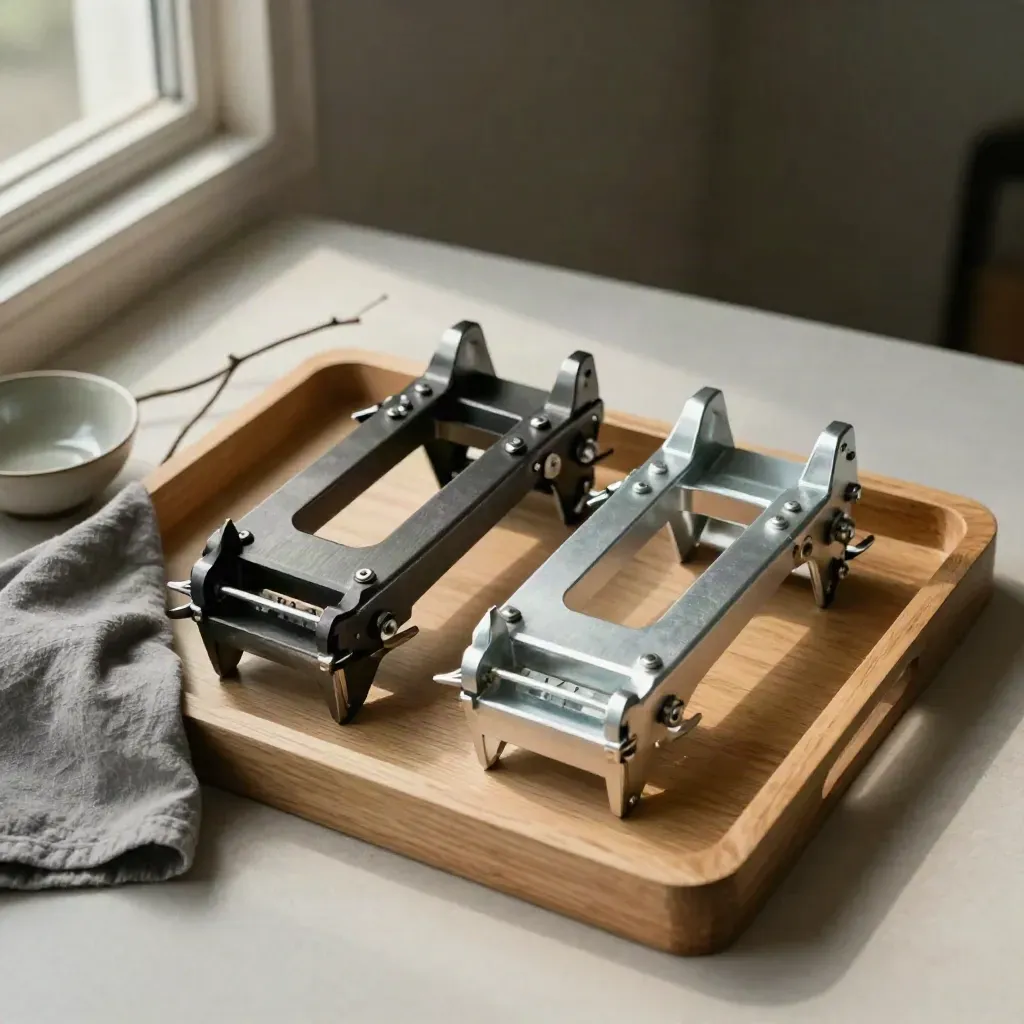 Crampones de acero y aluminio junto a paño gris, cuenco cerámico y rama seca sobre bandeja de madera.