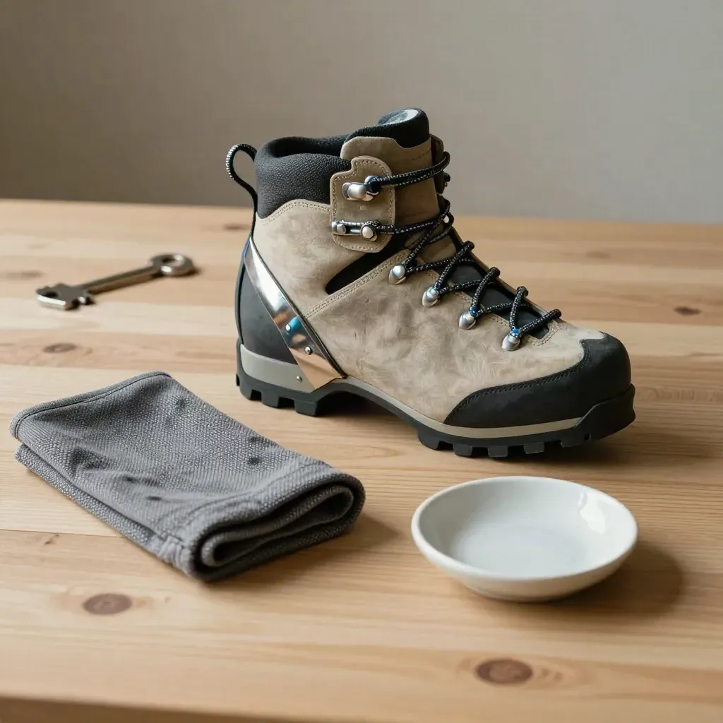 Bota de montaña compatible con crampones, con piezas metálicas y paño plegado sobre madera clara.